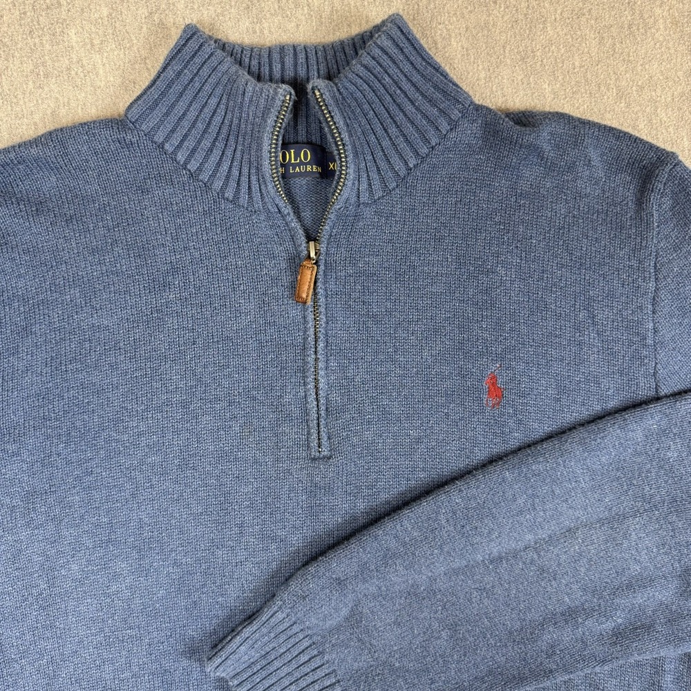 VTG POLO RALPH LAUREN Navy Rib 1/4 Zip Pullover Sweater XL - Picture 3 of 10